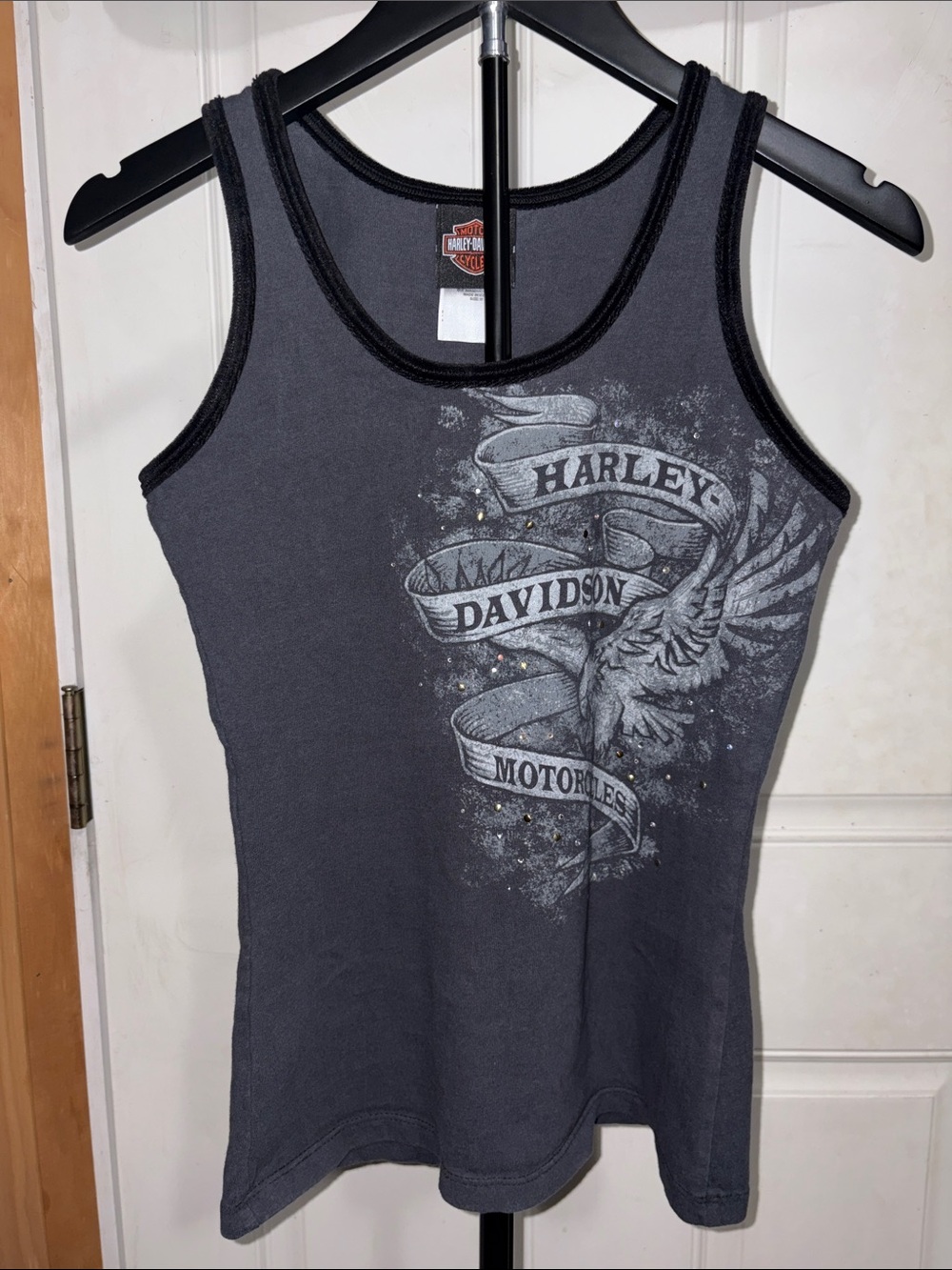 Y2K Harley Davidson Gray Graphic Tank With Black Velvet Trim